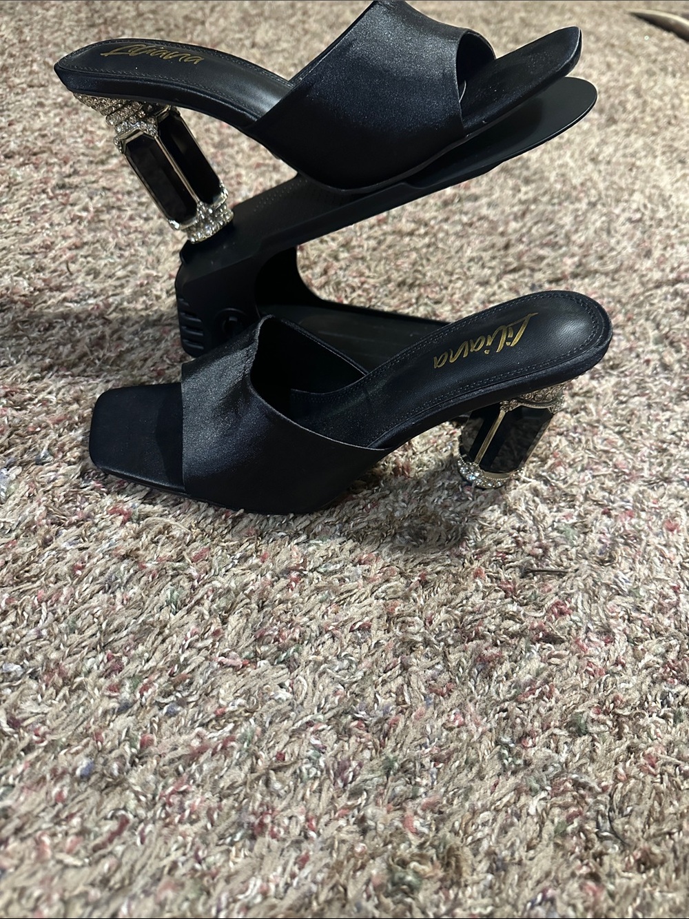 Liliana Black Satin Jeweled Block Heel Mules